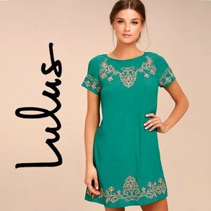 Lulus Tale to Tell Teal Embroidered Shift Dress L